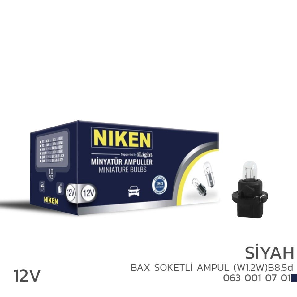 NIKEN 12V  BAX SOKETLİ AMPUL(W1.2W)B8.5d SİYAH 10L