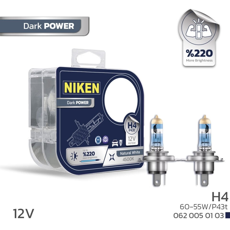 Niken H4 Performans Halojen Ampul 12V 60/55W Dark Power P43t 4500K