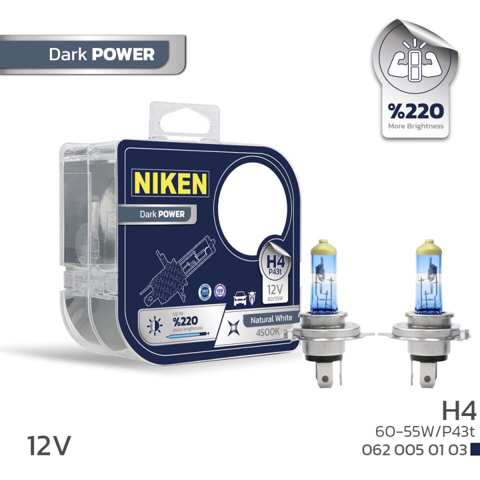 Niken H4 Performans Halojen Ampul 12V 60/55W Dark Power P43t 4500K