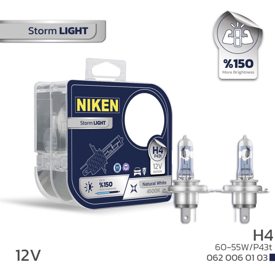 Niken H4 Performans Halojen Ampul 12V 60/55W Storm Light P43t 4500K