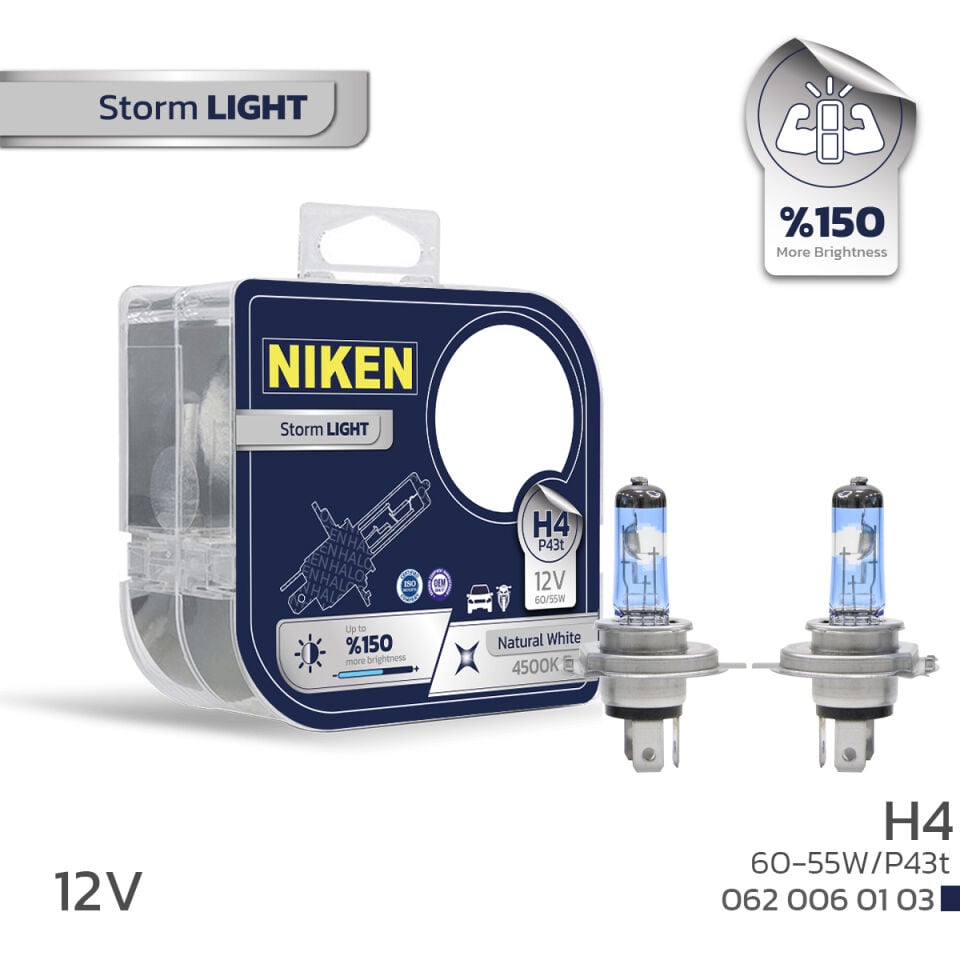 Niken H4 Performans Halojen Ampul 12V 60/55W Storm Light P43t 4500K