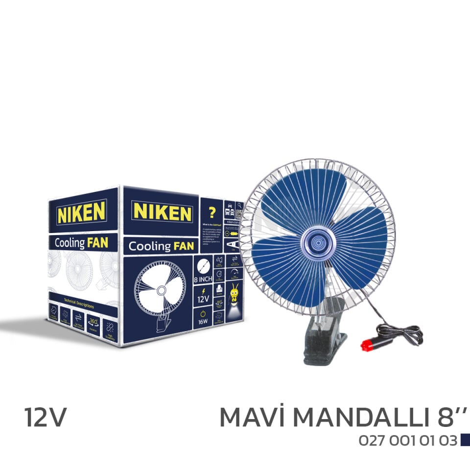 Niken Araç Vantilatörü 12V 8 İnç Mandallı Mavi (Otomobil, Araba, Karavan)