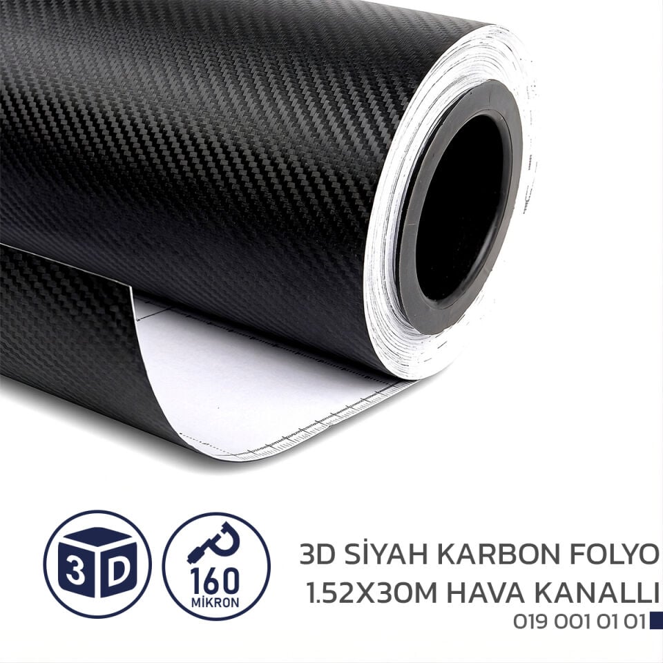 Niken 3D Siyah Karbon Folyo 1.52x30m - Hava Kanallı Araç Kaplama Folyosu (CF-31)