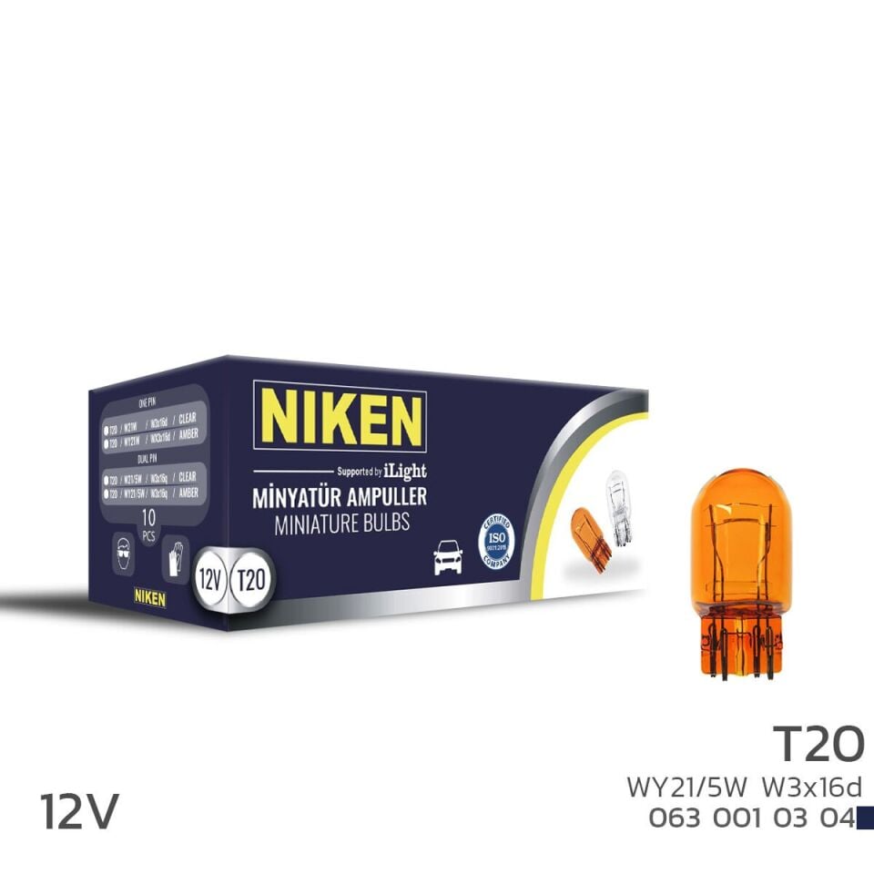 Niken T20 Ampul 12V (WY21/5W) Amber W3X16D 10'Lu